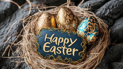 Happy Easter card with golden eggs in nest, displayed on soft gray surface. Happy Easter setup includes gold colored easter eggs and festive greeting card, ideal for Easter announcements, greetings - Powered by Adobe