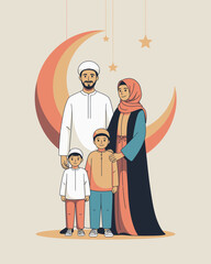 Muslim Family Illustration with Crescent Moon and Stars