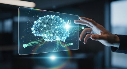 Businessman's hand interacts with a futuristic holographic AI neural network interface.
