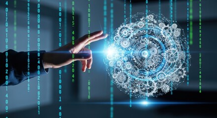 A human hand touching a glowing digital sphere of interconnected gears and network data.