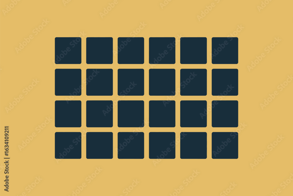 Poster a grid of twenty five dark blue squares arranged in five rows and five columns on a yellow backgroun