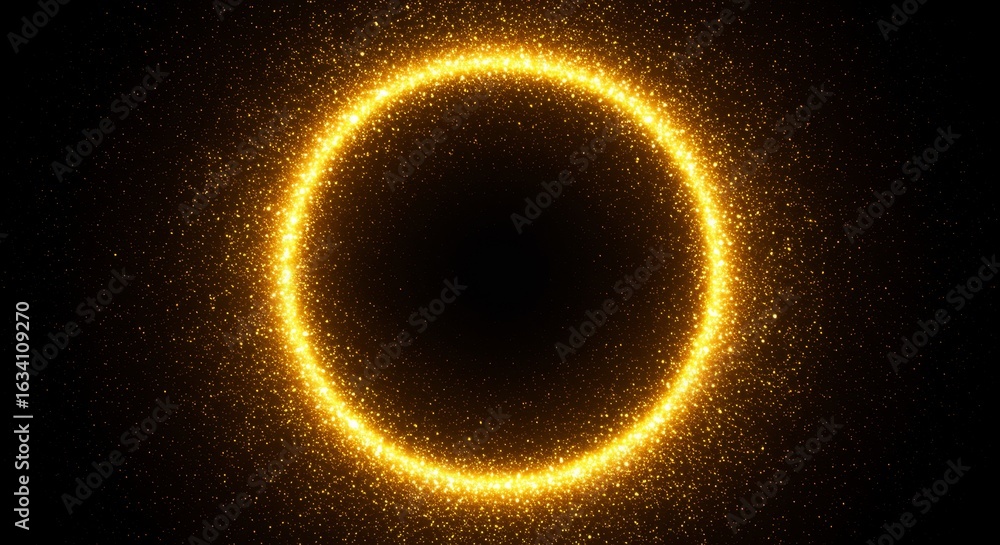 Poster bright golden circular light ring with sparkles on dark background for abstract design and artistic 