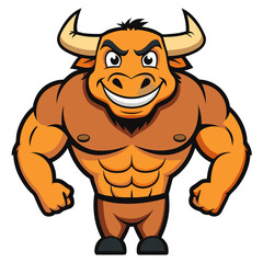 Muscular Cartoon Bull Mascot Flexing.