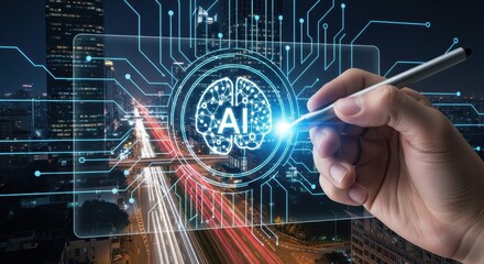 Hand sketching a glowing AI brain symbol on a screen over a futuristic smart city at night