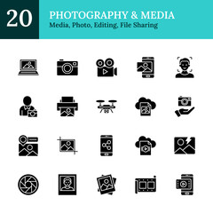 Photography & Media Glyph Black Silhouette Icon Sheet Design Vector - digital photography, video creation, image editing, cloud storage, photo sharing, mobile media, face recognition, camera gear