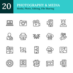 Photography & Media Outline Icon Sheet Design Vector - digital photography, video creation, image editing, cloud storage, photo sharing, mobile media, face recognition, camera gear, media printing