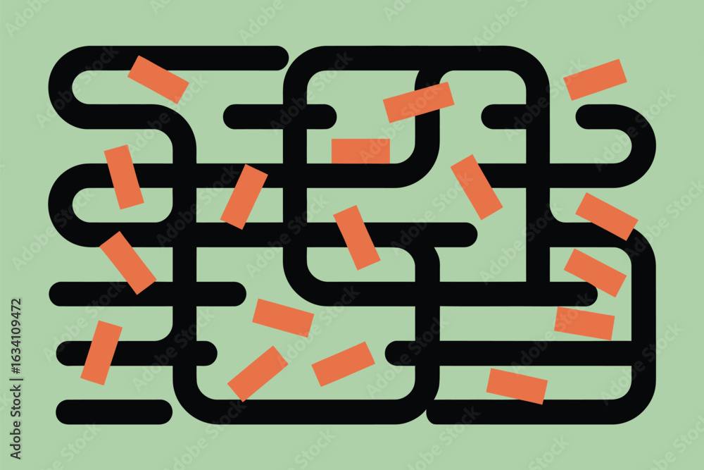 Poster abstract design featuring black lines and orange rectangles on a light green background pattern art 