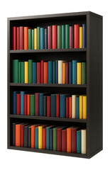 Fototapeta premium A tall wooden bookshelf filled with colorful, neatly arranged books on transparent background.