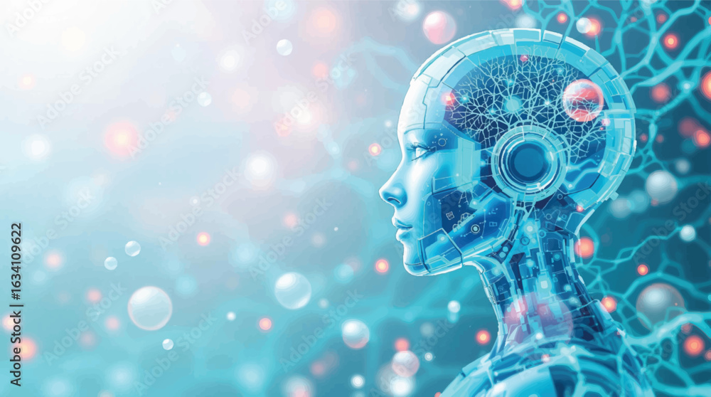 Poster profile of a futuristic robot head with intricate internal wiring and bokeh lights vector illustrati