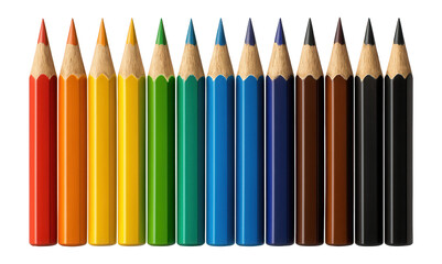 A row of fourteen neatly aligned colored pencils featuring a variety of vibrant hues, each sharpened to a point, on transparent background.