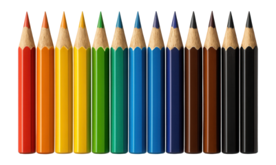 A row of fourteen neatly aligned colored pencils featuring a variety of vibrant hues, each sharpened to a point, on transparent background.