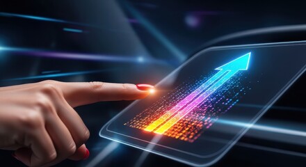 Woman's hand touching a futuristic holographic interface with a glowing arrow symbolizing progress.