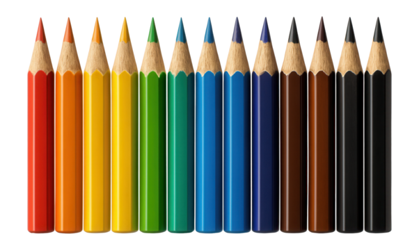 A row of fourteen neatly aligned colored pencils featuring a variety of vibrant hues, each sharpened to a point, on transparent background.