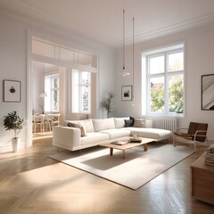 Fototapeta premium Elegant Living Room Interior: A spacious, modern living room exudes tranquility. bathed in natural light streaming in through large windows.