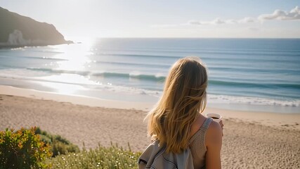 A woman enjoying coffee by the seaside on a sunny day.