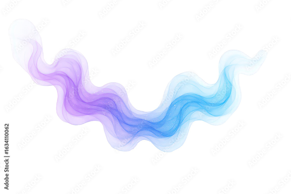 Poster abstract flowing wave of purple and blue gradients with subtle sparkling particles, creating a lumin