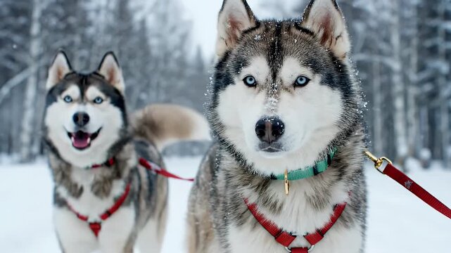 Majestic Siberian Huskies in Snowy Winter Wonderland Close Up Beautiful Blue Eyed Sled Dogs Ready for Adventure in Cold Nature Scene