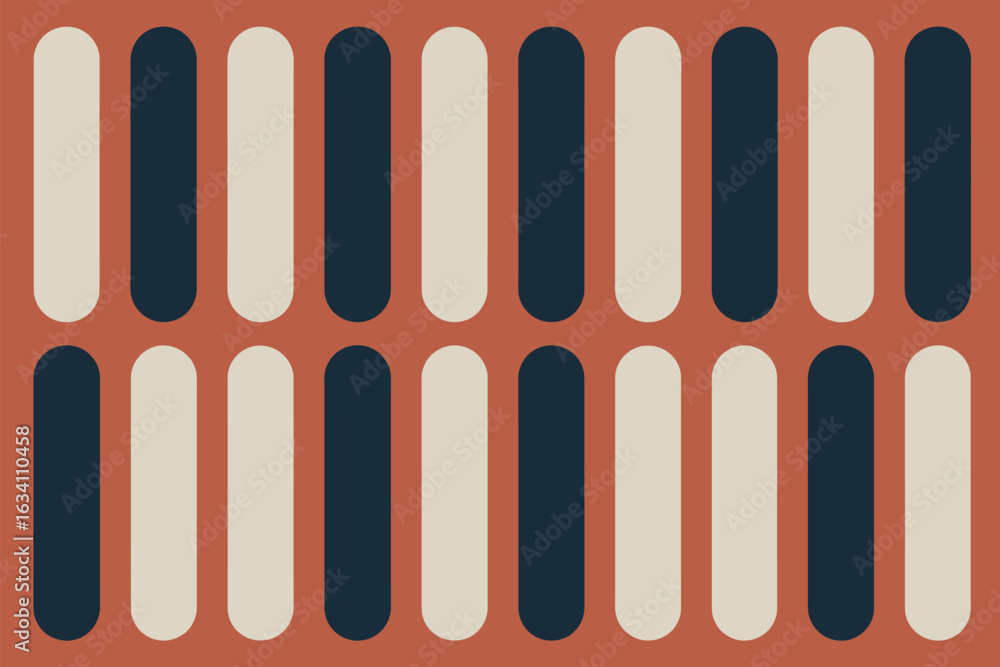 Poster pattern of alternating navy and beige rounded rectangles on a terracotta background in a two row gri