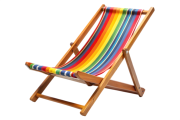 Colorful rainbow striped deck chair made of wood, isolated on transparent background
