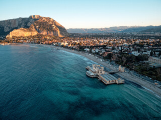 Aerial View of Coastal Beach Town at Sunset