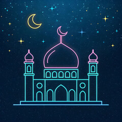 minimalist mosque outline in neon over starry nig