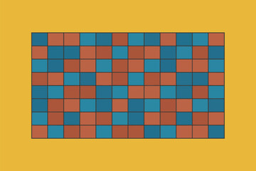A rectangular grid pattern of alternating blue and brown squares on a yellow background fills the frame