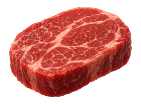 Thick cut of marbled red meat showing intricate fat patterns on transparent background.