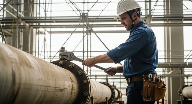 Industrial worker with a hard hat tightening a large bolt on a pipeline inside a factory