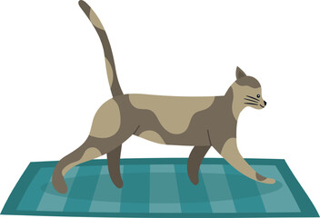 Funny spotted cat practicing yoga on a vibrant turquoise mat, stretching its body and legs, embodying pet wellness and promoting flexibility in a playful and charming manner