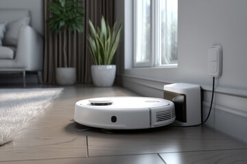 A robot vacuum cleaner is working on a wooden floor near a power outlet while sunlight fills the contemporary living room