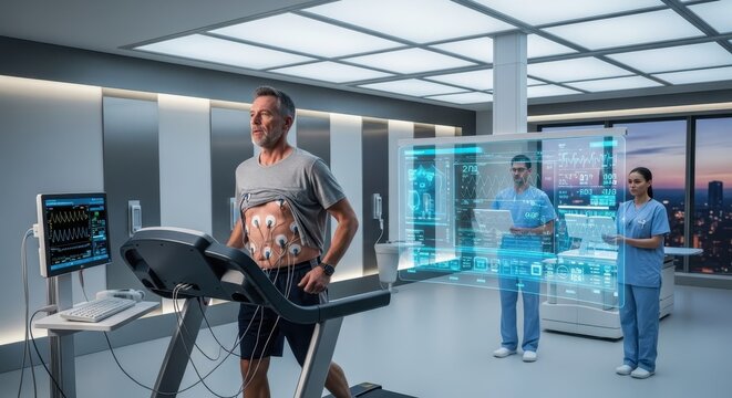Athlete undergoing a comprehensive health assessment on a treadmill in a futuristic science lab