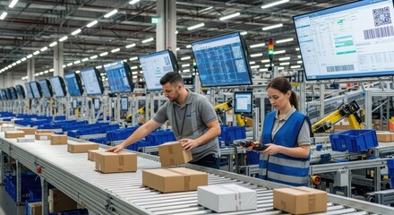Efficient Distribution Center Operations Employees Sorting Packages on Conveyor System