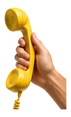 Fototapeta na wymiar Hand holding a vintage yellow telephone handset with a curled cord on transparent background.