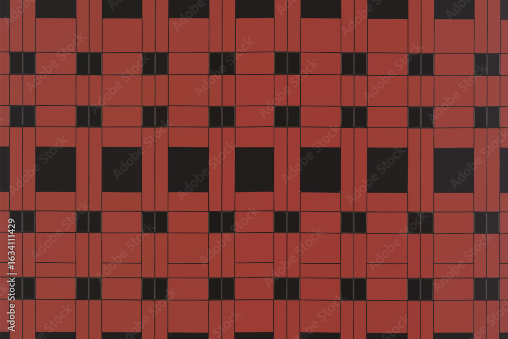 Poster a structured pattern of red rectangles and black squares creating a grid like abstract design look t