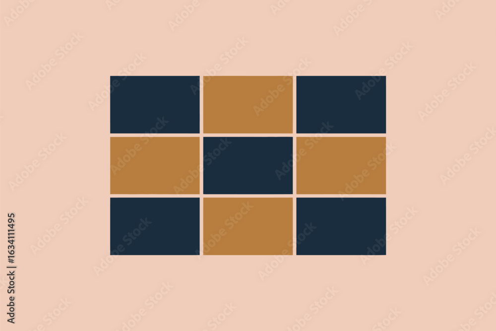 Poster a grid pattern of alternating navy and tan rectangles on a peach background creating a simple design