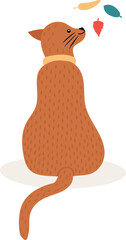 Playful ginger cat sitting and gazing up at colorful autumn leaves swirling down, capturing the joy of the season in a vibrant flat vector illustration on a white background