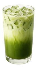 Iced matcha green tea latte with ice cubes in a clear glass on transparent background.