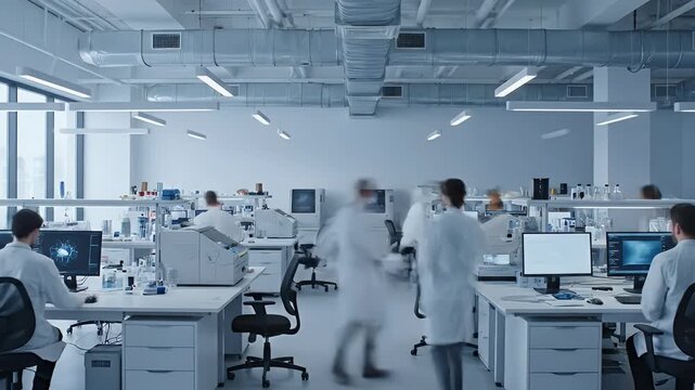 Modern Science Laboratory Buzzing with Activity Scientists and Researchers Conduct Experiments and Analyze Data Driving Innovation in a Clean High-Tech RD Envir