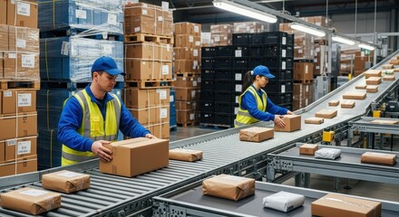 Warehouse Workers Sort Parcels on Conveyor Belt with Box Stacks in Background