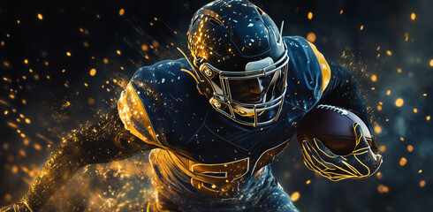 American football player in a dark blue and gold uniform, with a helmet featuring golden accents, is running with the ball. Motion blur and particles of dust swirl around.