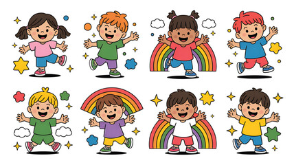 Cartoon Kids Illustrations of Diverse Happy Children Playing and Smiling with Rainbows and Stars for Educational Material