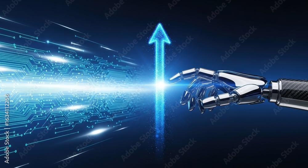 Poster ai-powered robotic hand activates glowing arrow, symbolizing technological growth and data-driven in