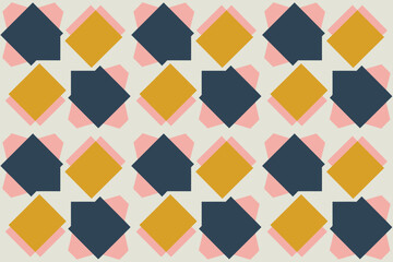 Obraz premium A repeating pattern of dark blue and yellow squares with pink shapes on a light beige background art deco