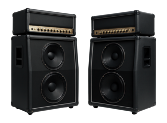 Two black guitar amplifier speaker cabinets with dual speakers and control knobs on transparent background.