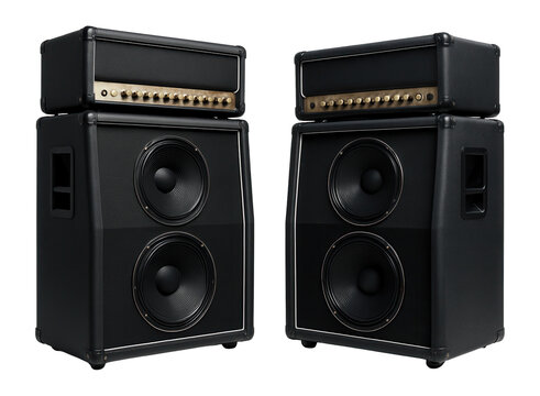Two black guitar amplifier speaker cabinets with dual speakers and control knobs on transparent background.