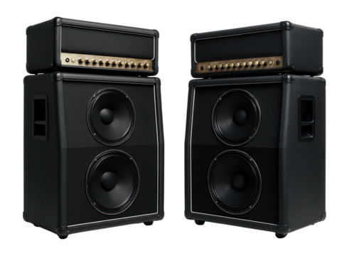 Two black guitar amplifier speaker cabinets with dual speakers and control knobs on transparent background.