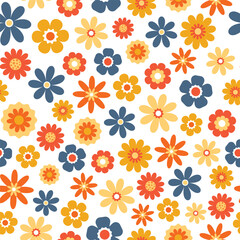 Seamless pattern with simple flowers on white background. Geometric, minimalist style.