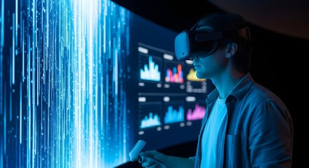 Experience immersive virtual reality with cutting edge technology, exploring digital worlds and interactive data visualizations in a modern, vibrant setting