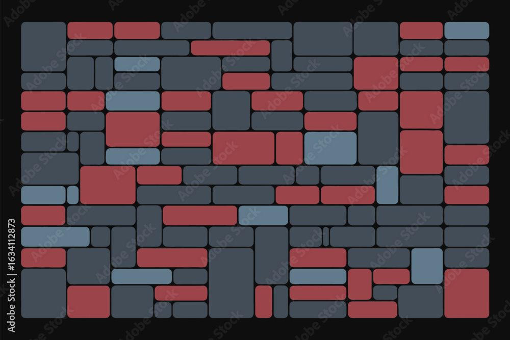 Poster geometric pattern of rounded rectangles in gray red and blue against a black background arranged ran