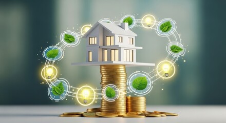 Eco-friendly Home Investment House on Coins with Green Technology Icons